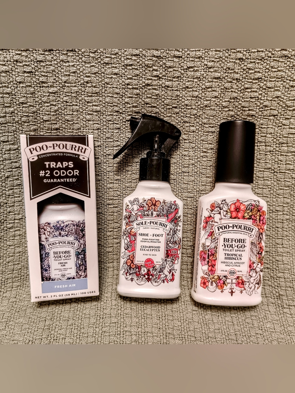 Poo-Pourri Trio: Fresh Air/ Tropical Hibiscus + Cedarwood Eucalyptus Shoe & Foot